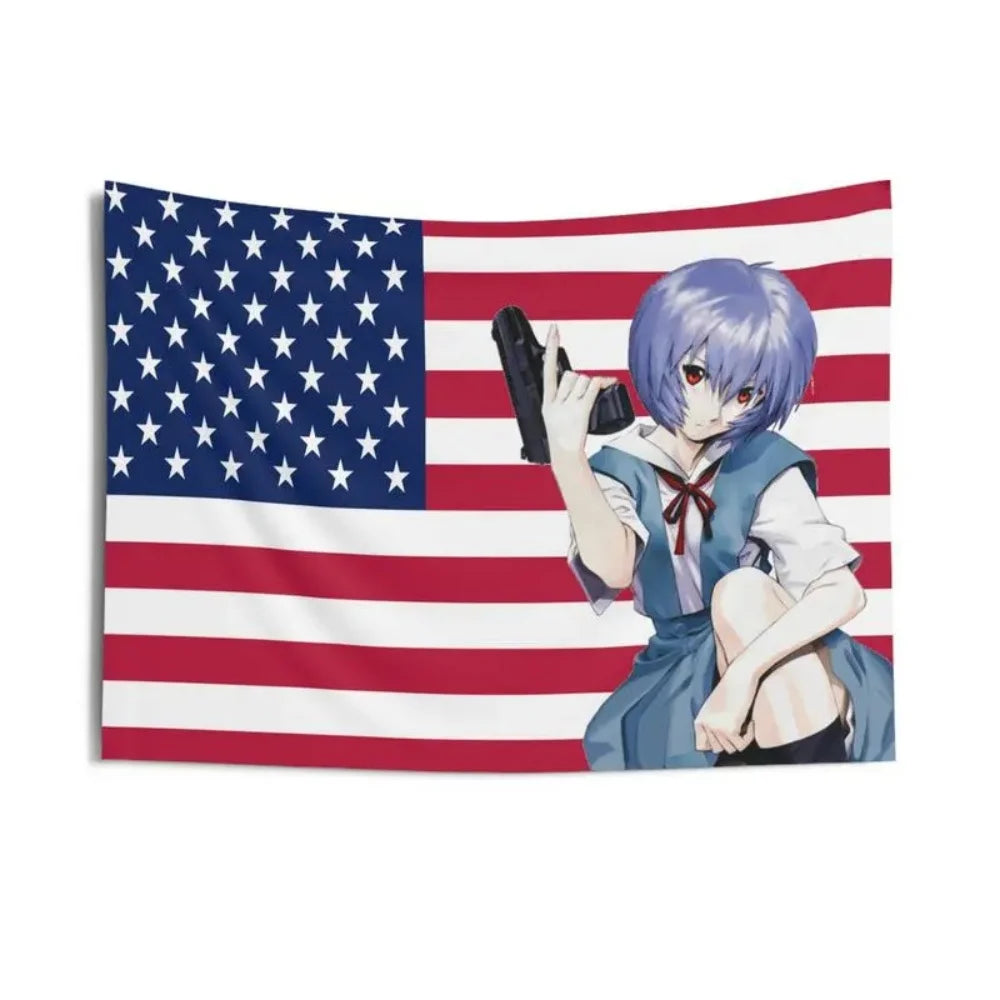 Personaje de anime sentada contra un tapiz de la bandera de Estados Unidos