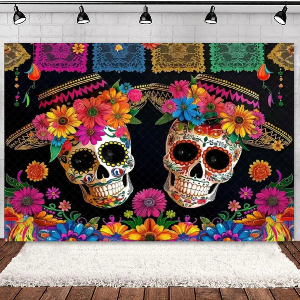 Day of the Dead Skeleton & Floral Backdrop for Party Photo Booth