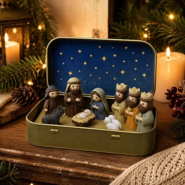 A gold-colored metal box containing a miniature nativity scene with figures and a blue starry background.