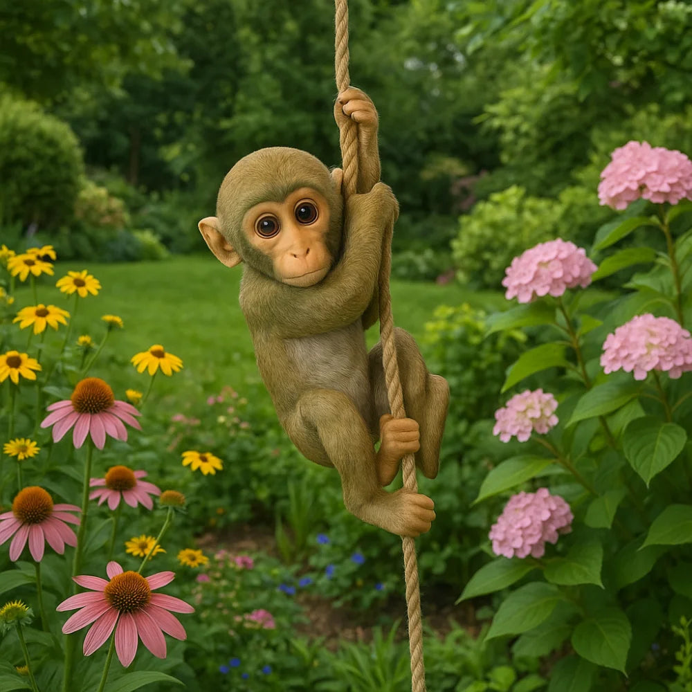 A handmade resin climbing monkey figurine hanging from a rope in a garden setting.