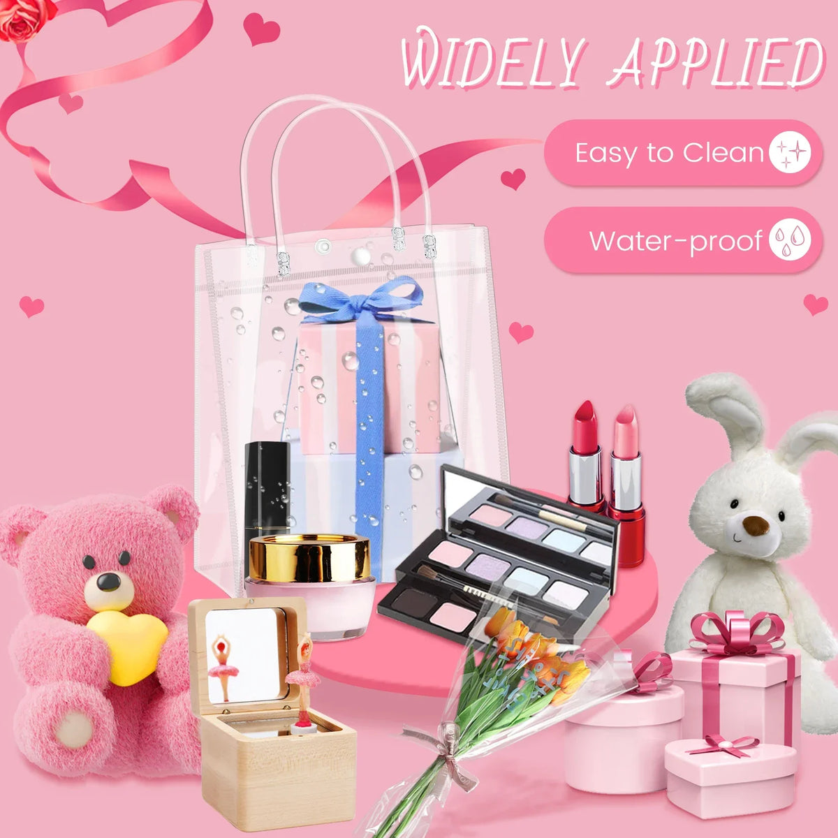 Pink and blue clear reusable PVC gift bags with handles displayed next to a teddy bear and makeup products.