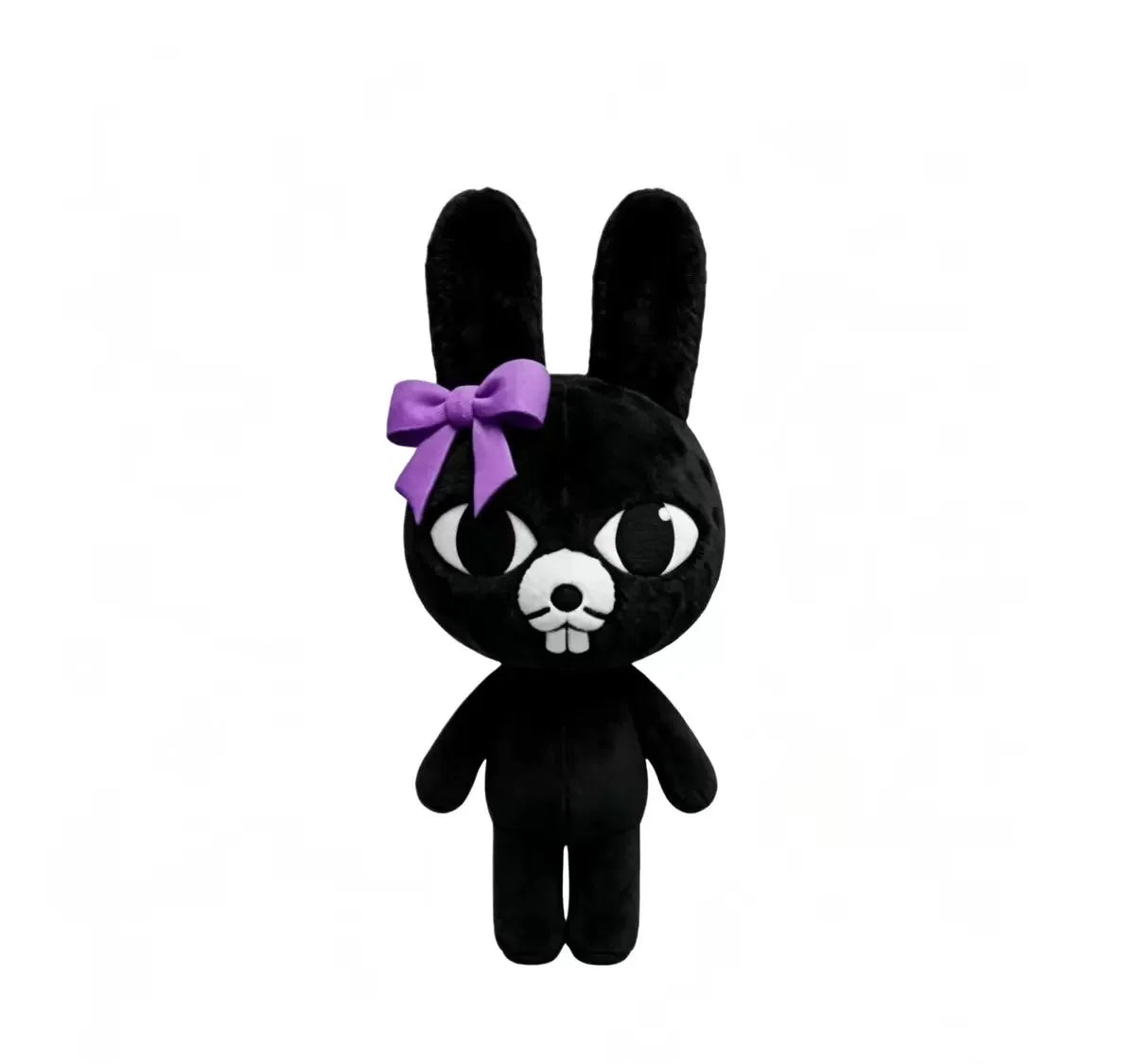 Black plush toy featuring a bunny face with large eyes and a purple bow.