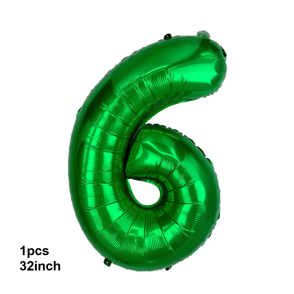 A shiny green latex balloon shaped like the number six for party decorations.