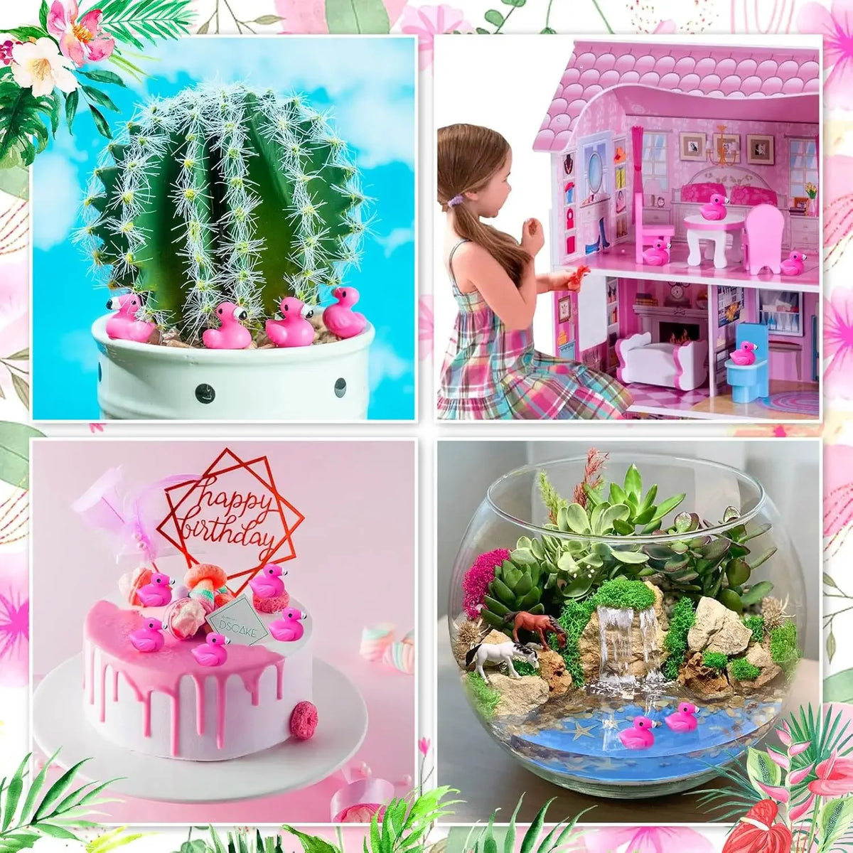 A collection of miniature resin flamingo duck figurines used for cake toppers and crafts.