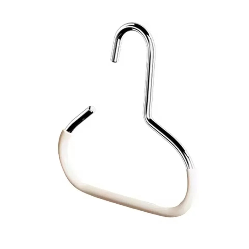 A silver circle ring hat hanger with a curved hook design.