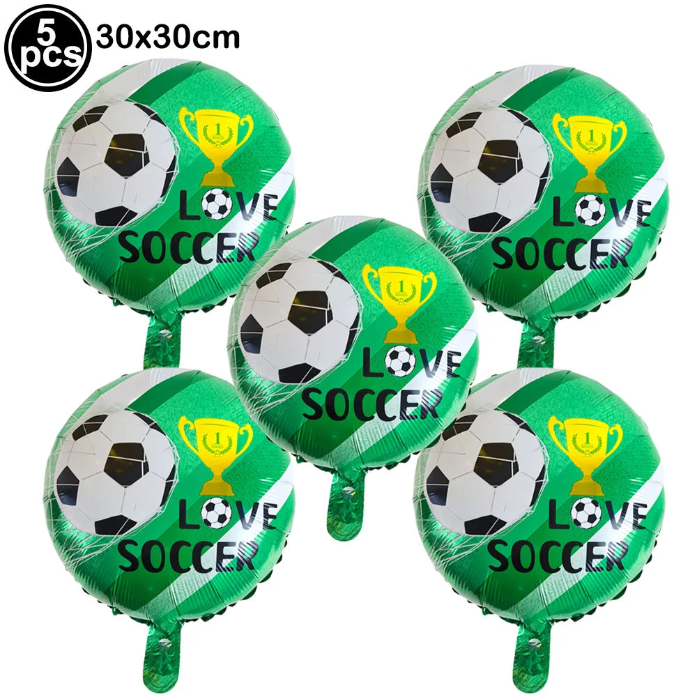 Five green soccer balloons with football graphics and gold trophies for party decoration