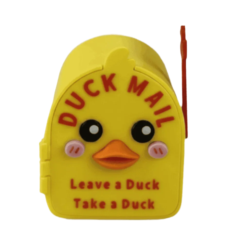 Yellow magnetic mailbox cover shaped like a duck with the text Leave a Duck Take a Duck