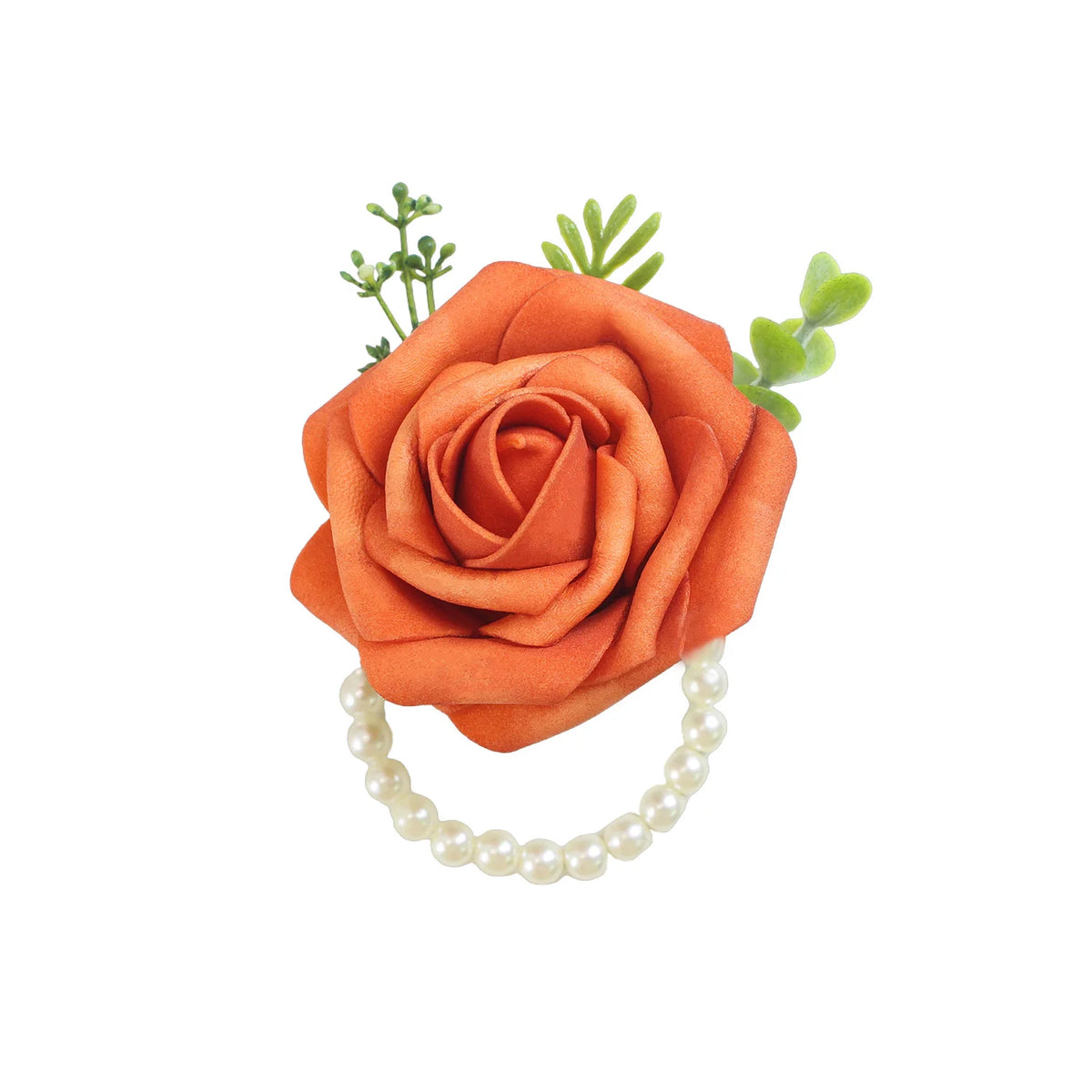 An elegant wrist corsage bracelet featuring orange roses and green foliage.