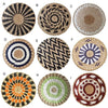 Nine woven straw wall decor hangings in various geometric patterns and natural tones.