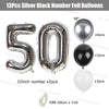 Silver and black number foil balloons including 50, 10, and 32 inch numbers with ribbon