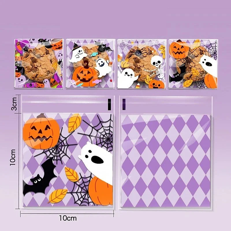 A set of Halloween cellophane treat bags with self-seal closures featuring cute ghost and pumpkin designs.