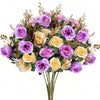 A bouquet of realistic silk rose flowers in shades of purple, pink, and cream.