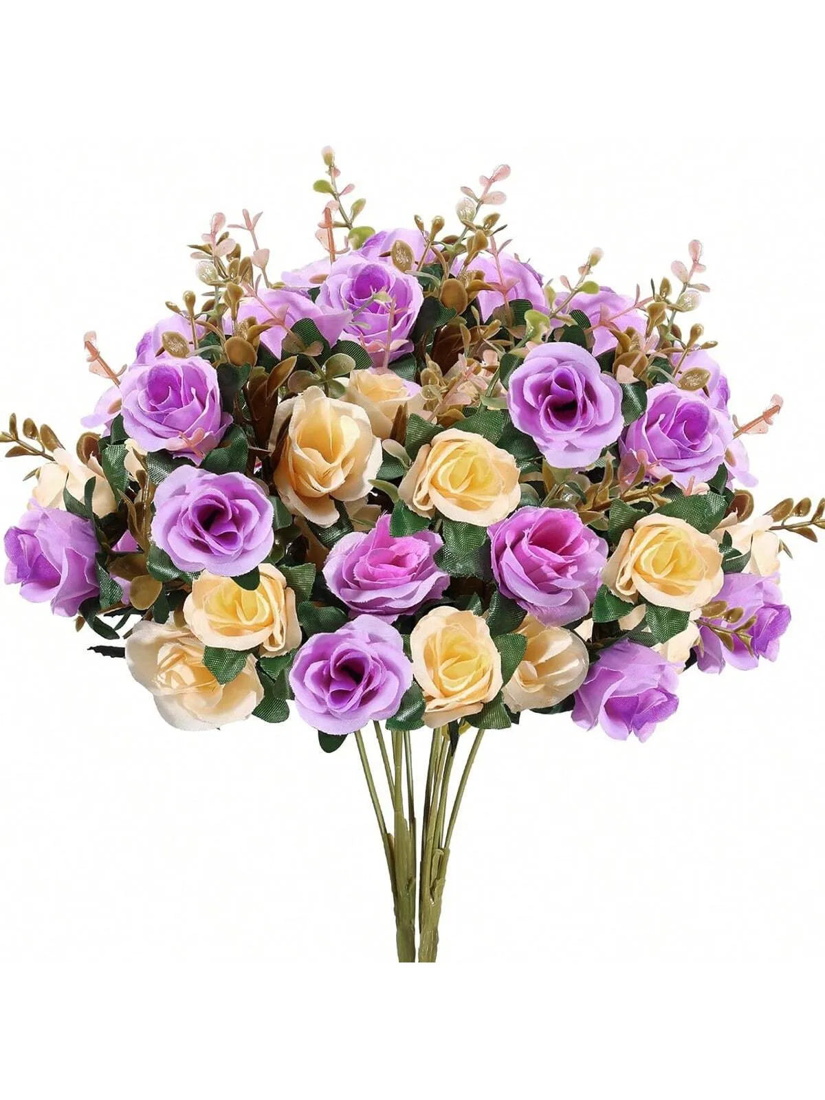 A bouquet of realistic silk rose flowers in shades of purple, pink, and cream.