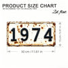 A vintage style aluminum license plate with the number 1974, showing signs of fading and rust.