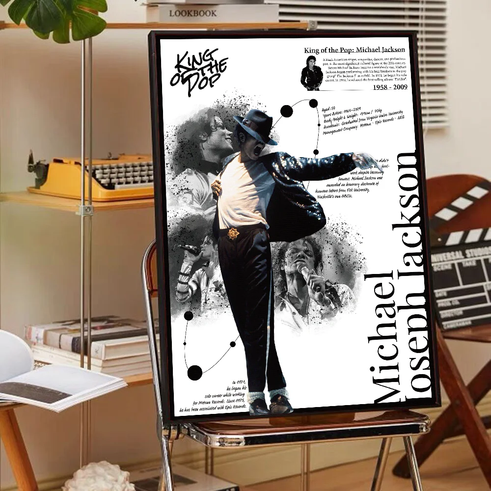 A black and white poster featuring King of the Pop Michael Jackson with text and imagery.