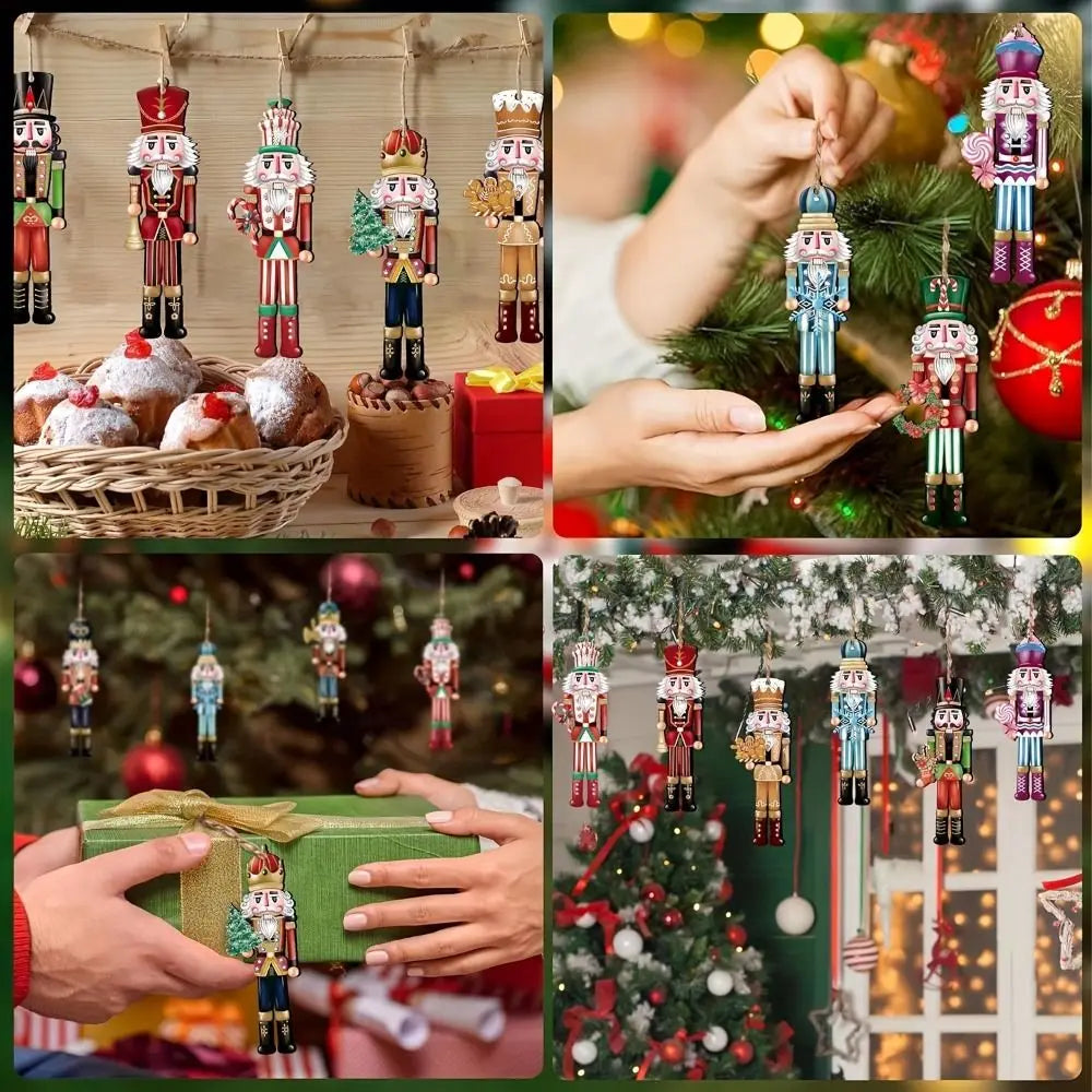 A collection of wooden nutcracker soldiers and ornaments displayed on a Christmas tree and in various contexts.