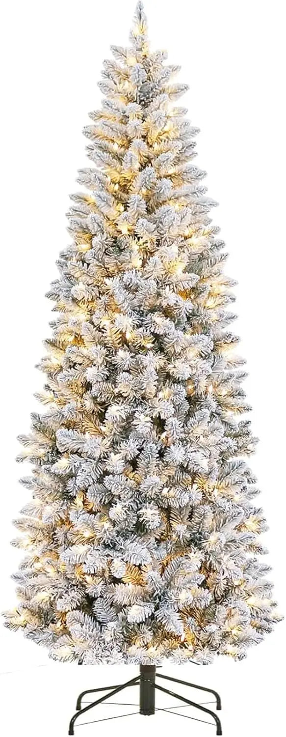 7.5 Ft Pre-Lit Pencil Christmas Tree with LED Lights and Metal Stand