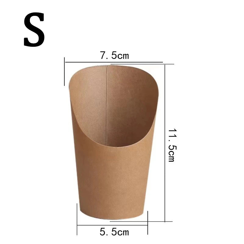 A brown disposable kraft paper French fry cup with dimensions 7.5cm wide, 11.5cm high, and 5.5cm diameter.