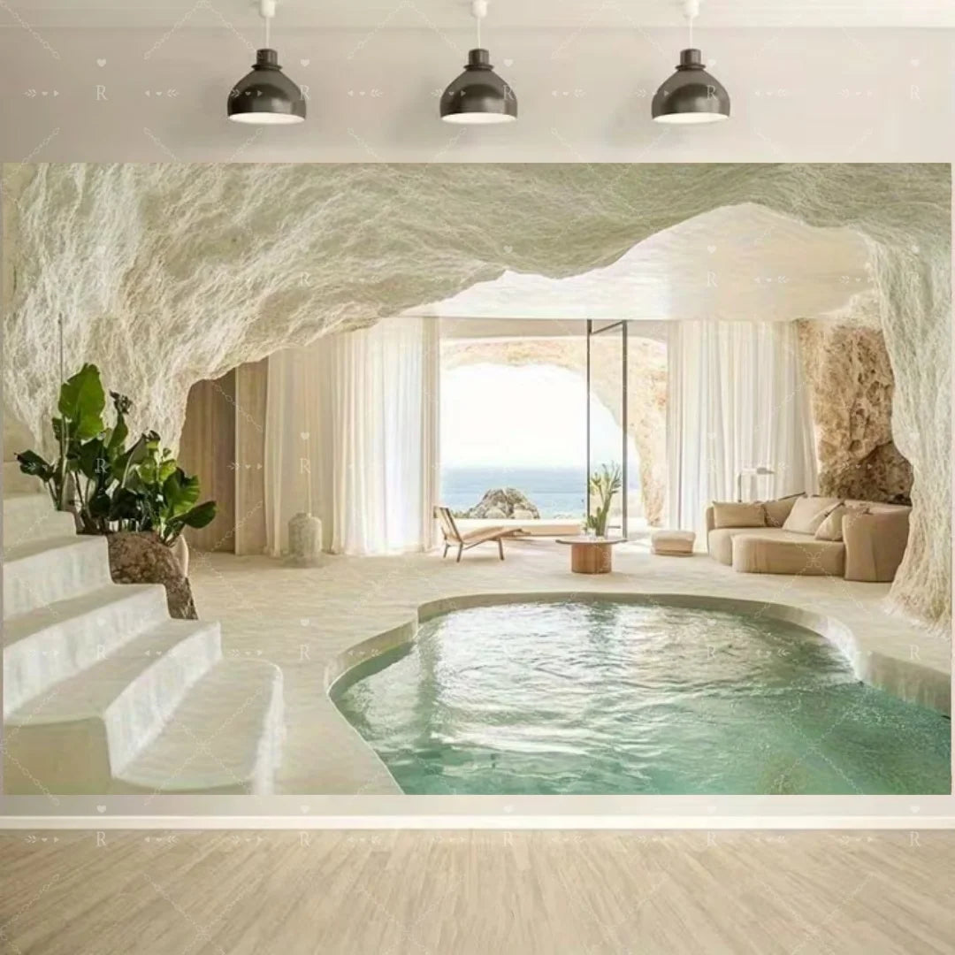 An indoor spa setting with a natural rock cave arch and a swimming pool overlooking the sea.