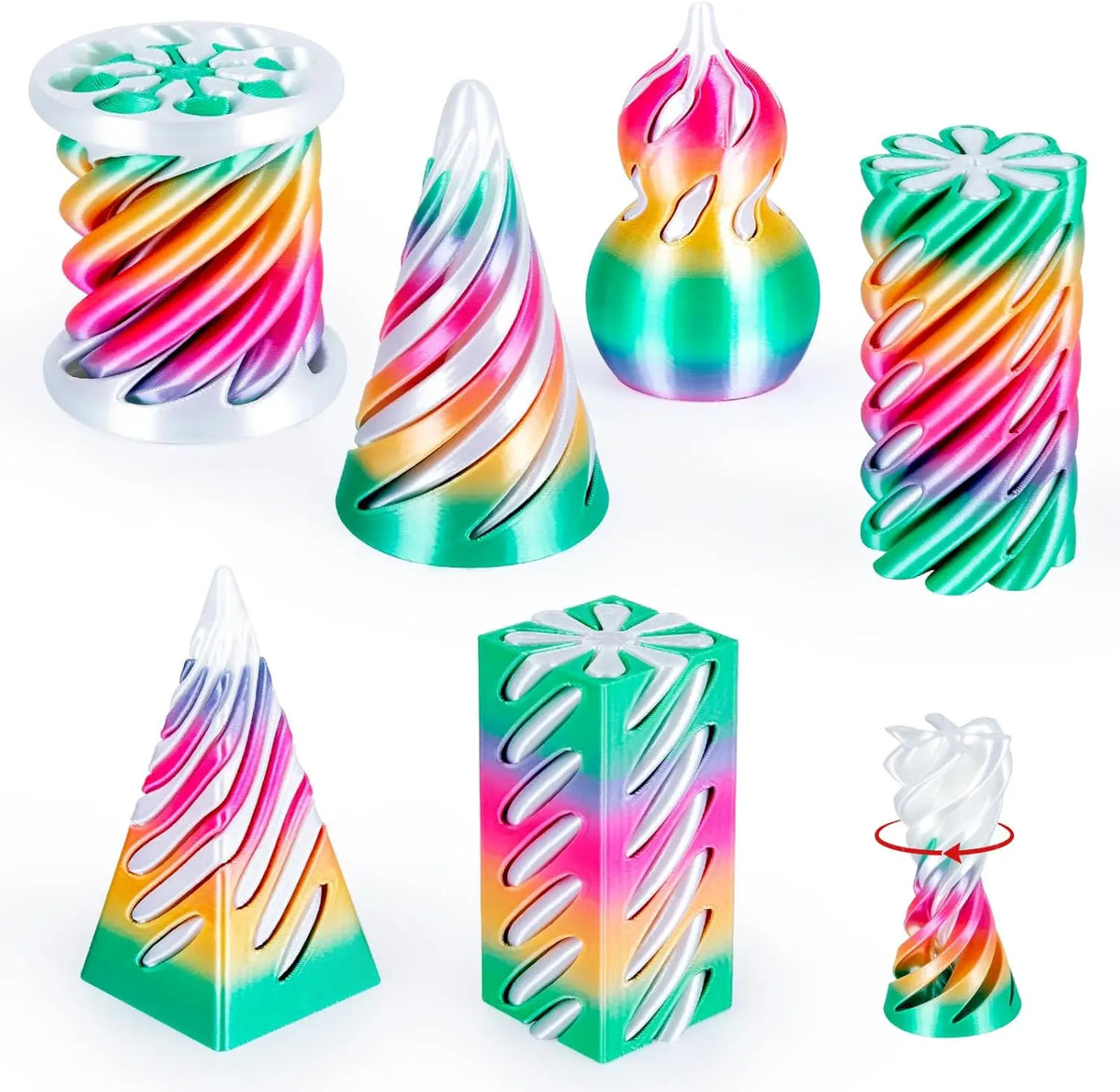 A set of 3D printed spiral fidget toys in various colors including pink, green, and white.