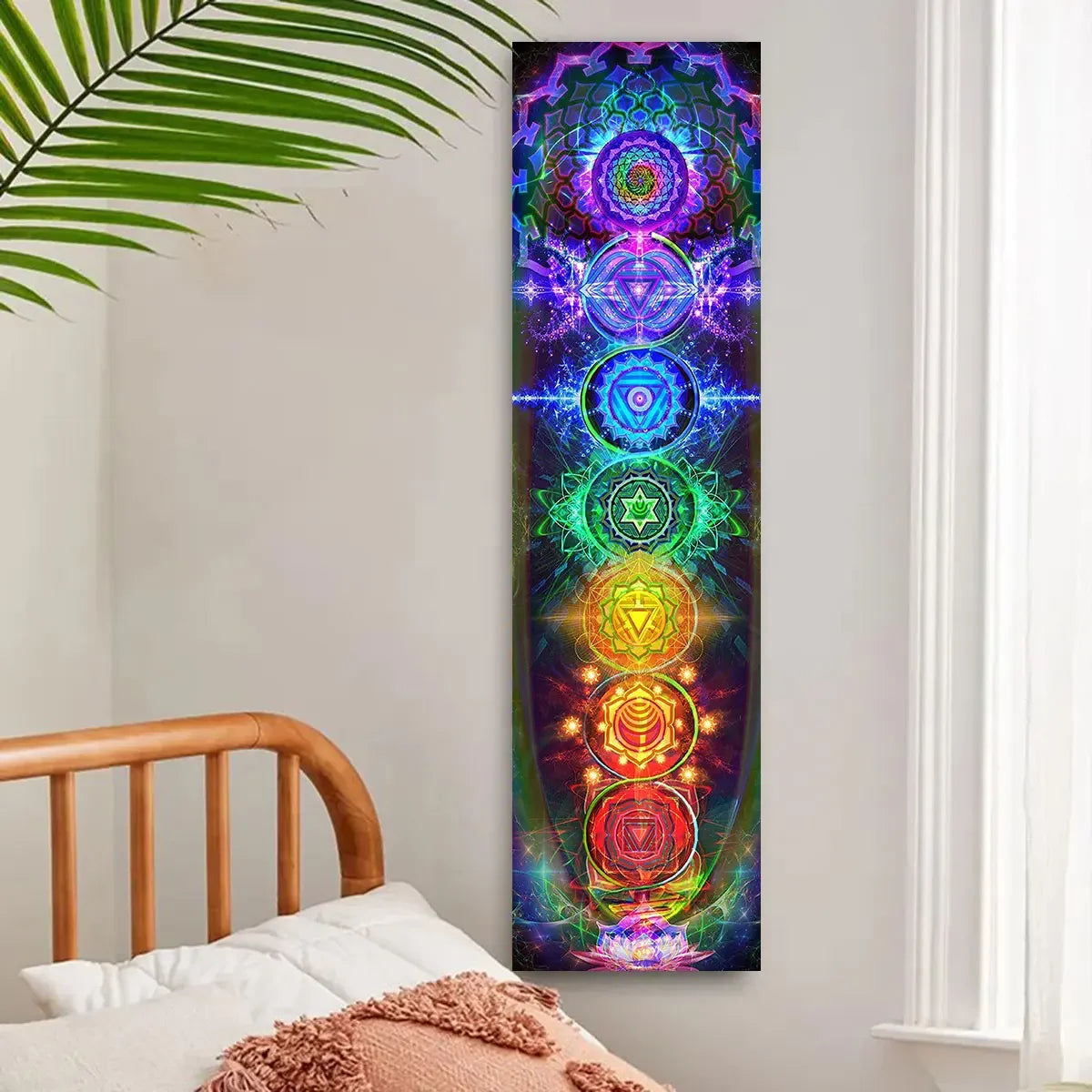 Vertical tapestry featuring a vibrant, colorful chakra design for spiritual decor.