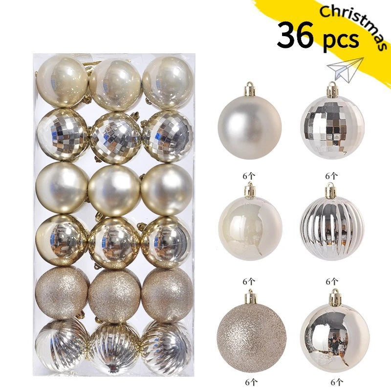 A set of 36 festive Christmas baubles in various silver and gold tones for holiday decor.