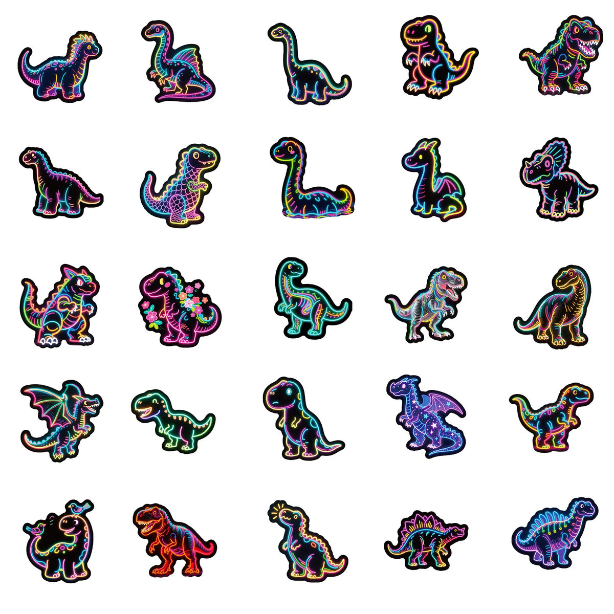 Un ensemble d'autocollants de graffiti colorés de dinosaures et d'animaux, représentant diverses créatures préhistoriques.
