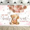 A pink and white photo backdrop featuring a teddy bear and balloons with the text we can barely wait to meet you