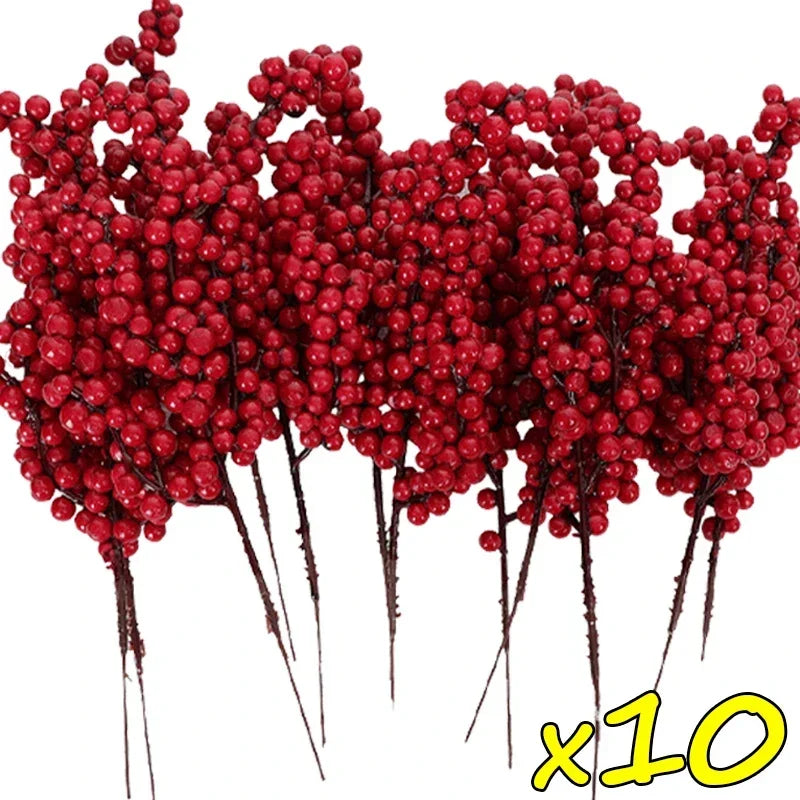 A cluster of artificial red holly berry stems used for Christmas decor.