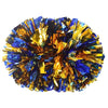 A spherical pom pom made of shiny gold and blue crinkled foil.