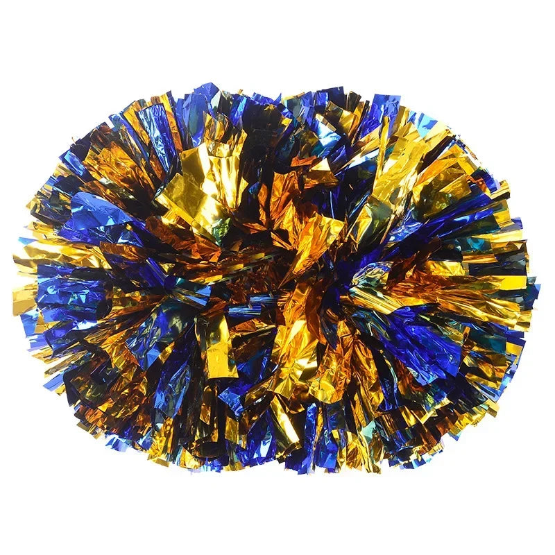 A spherical pom pom made of shiny gold and blue crinkled foil.