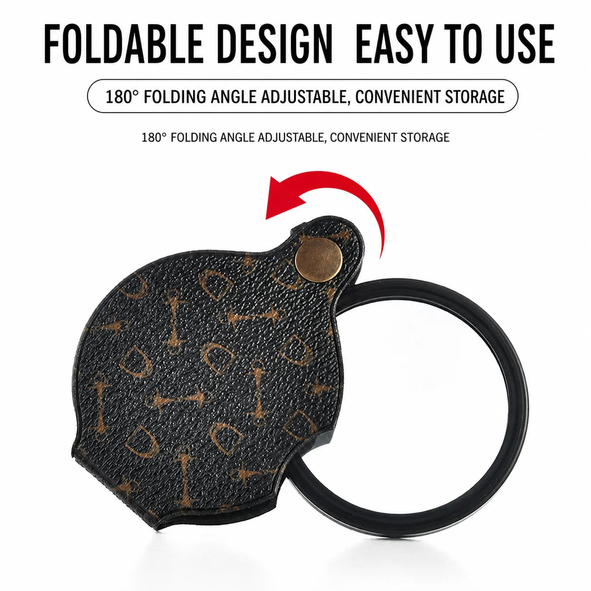 Black foldable magnifying loupe with a leather case attached to a keyring.