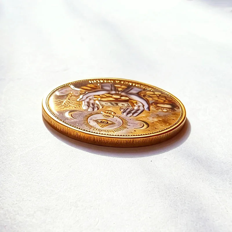 A round gold commemorative coin featuring a detailed design of an eye and surrounding elements.