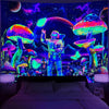 A vibrant tapestry featuring space, glowing mushrooms, and an astronaut in a psychedelic alien theme.