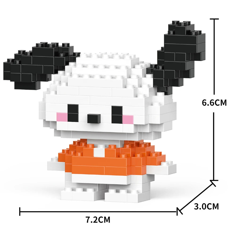 A white and black animal model built from micro building blocks, featuring orange accents.