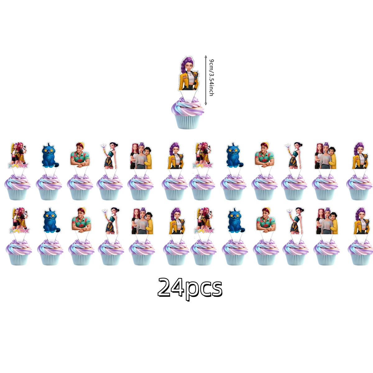 A set of 24 anime hunter girl cake toppers featuring various characters in colorful outfits and poses.