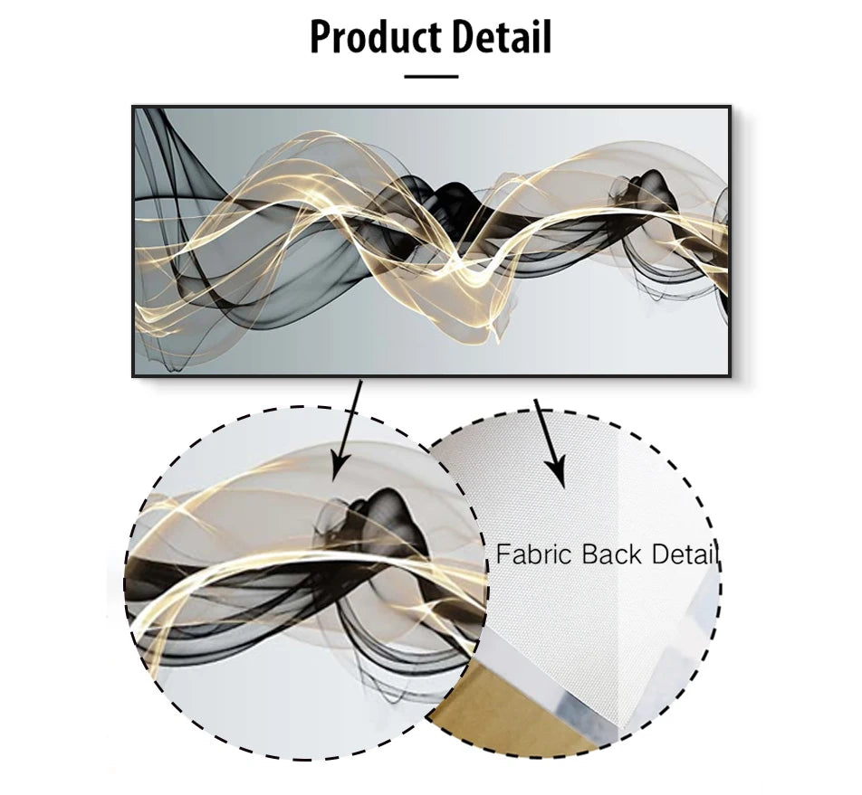 Close-up view of a fabric back detail showing flowing gold and black ribbons used in wall art.