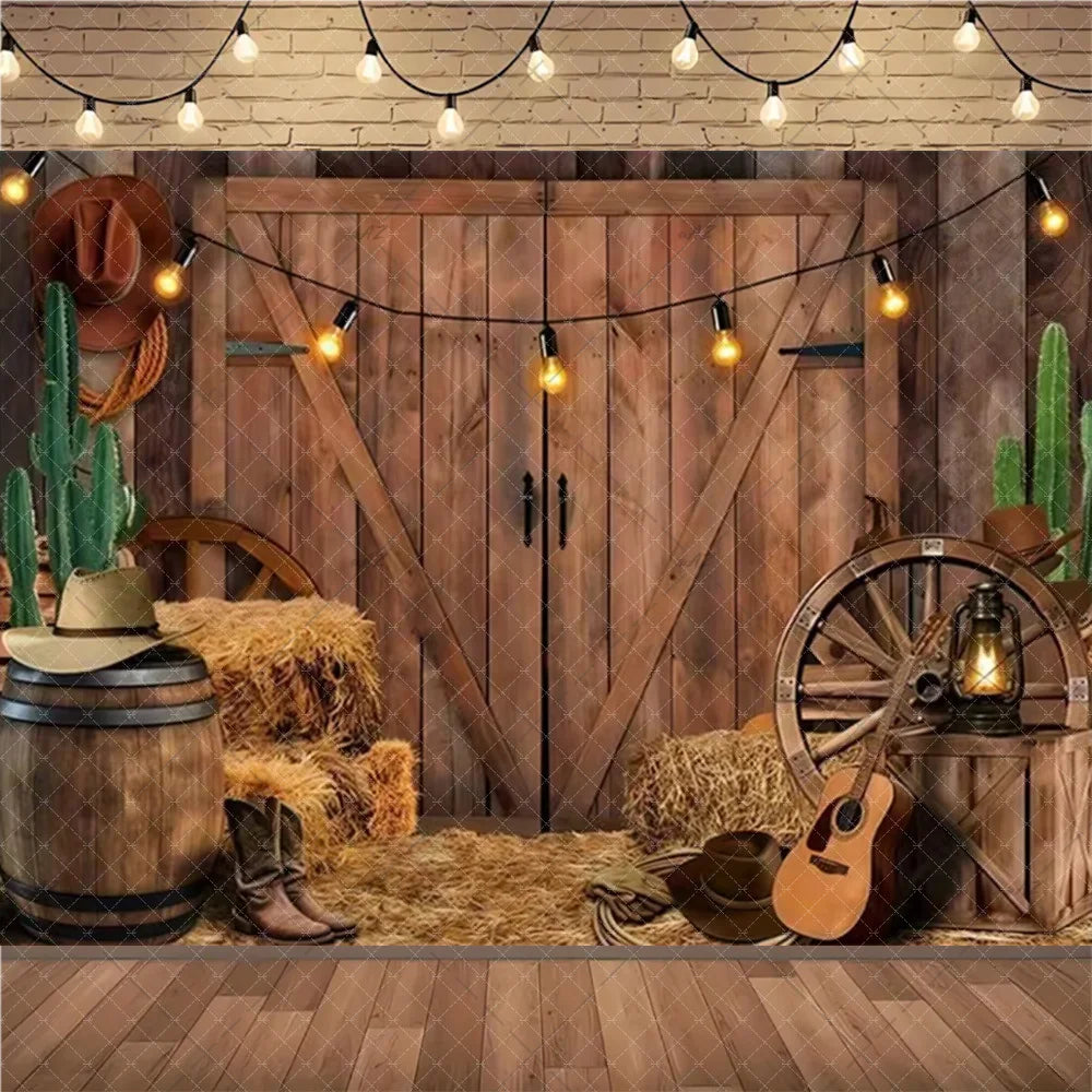 A rustic wooden barn door backdrop featuring a cowboy theme with plants, leather boots, and rustic decor.