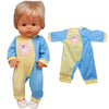 A blonde doll wearing a light blue and yellow outfit set with pink appliqués.