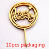 A gold acrylic happy birthday cake topper with a stick, packaged in 10 pieces.