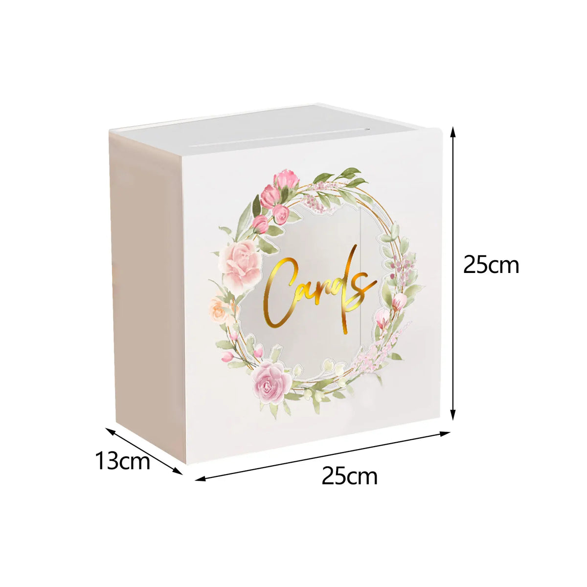 A rectangular, light beige acrylic gift box with a circular floral wreath design on the lid.