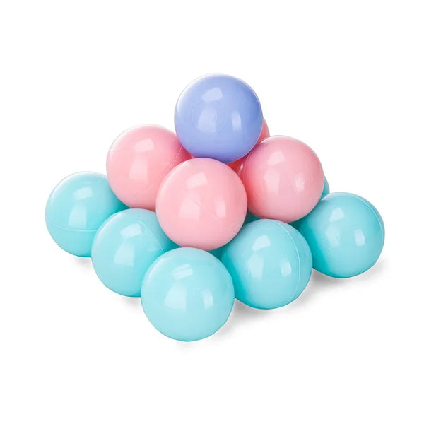 A collection of colorful, glossy, spherical balls in shades of pink, blue, and purple.