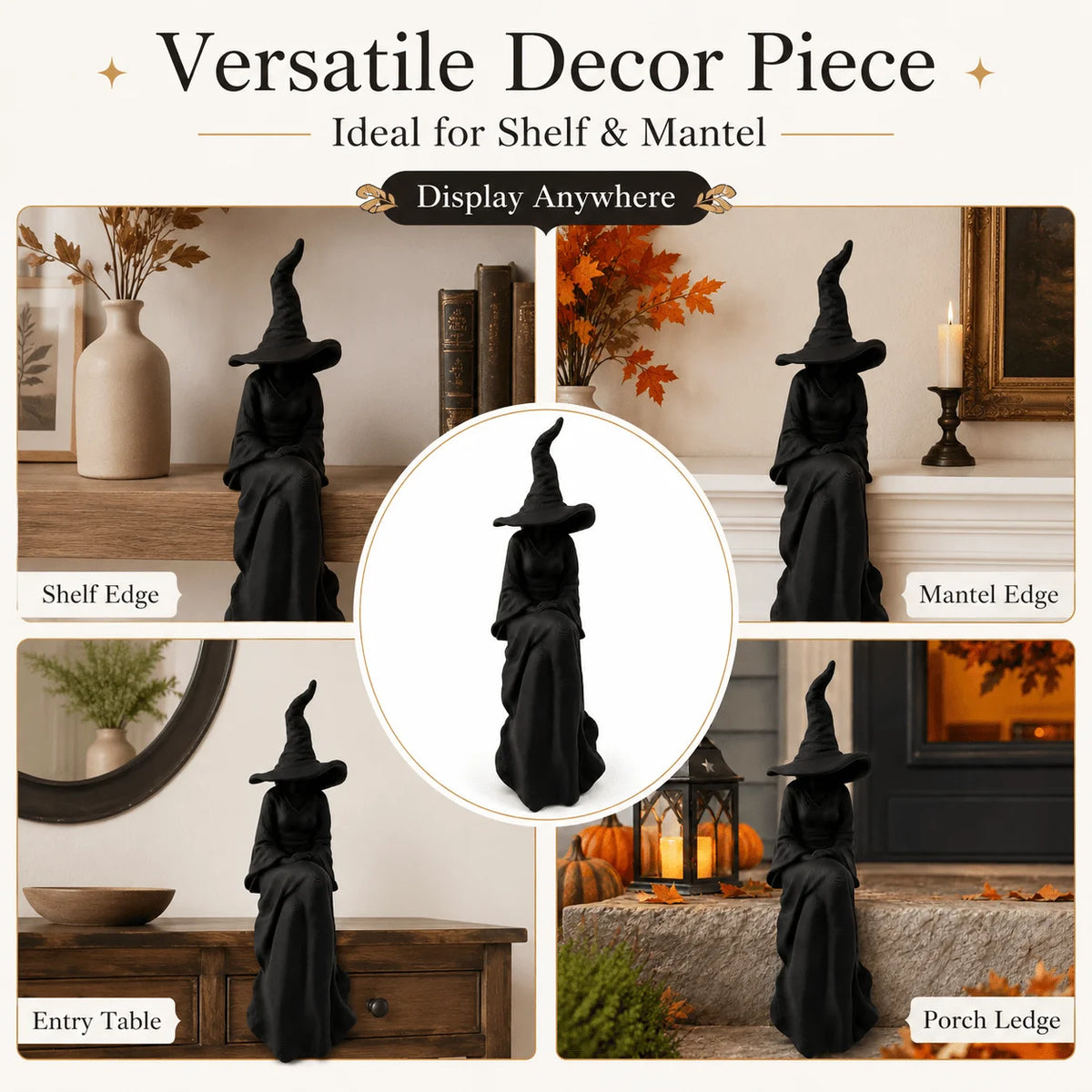 A black faceless witch figurine displayed on various surfaces including a shelf, mantel, entry table, and porch ledge.