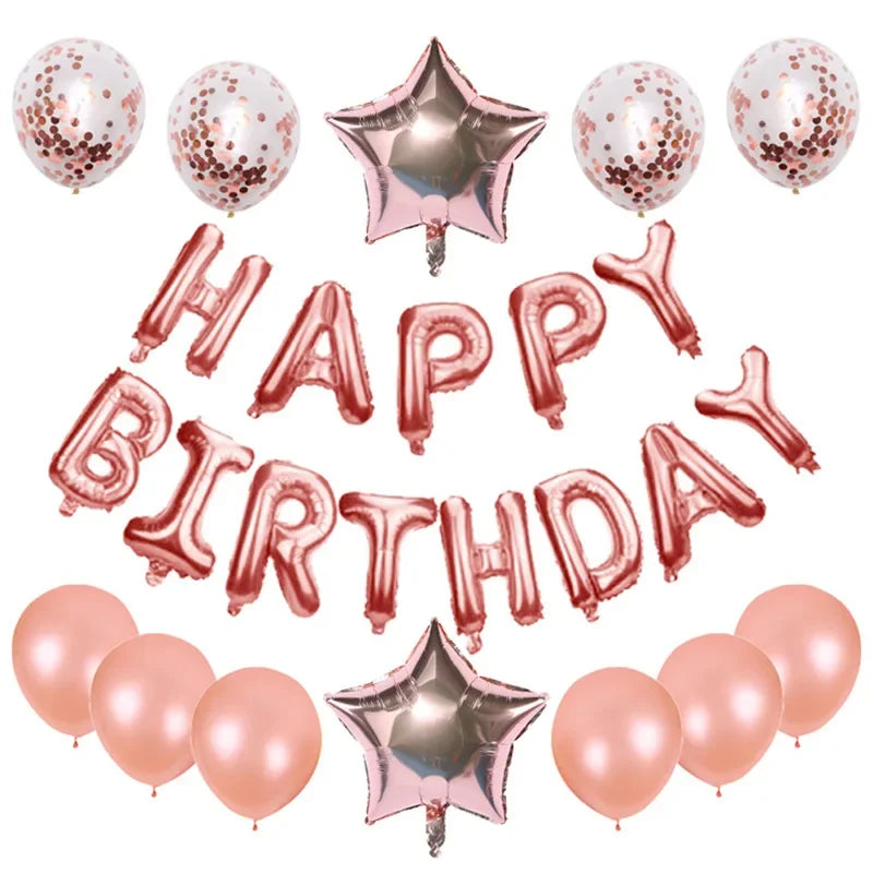 A collection of 25 rose gold foil letter balloons and star-shaped balloons for birthday parties