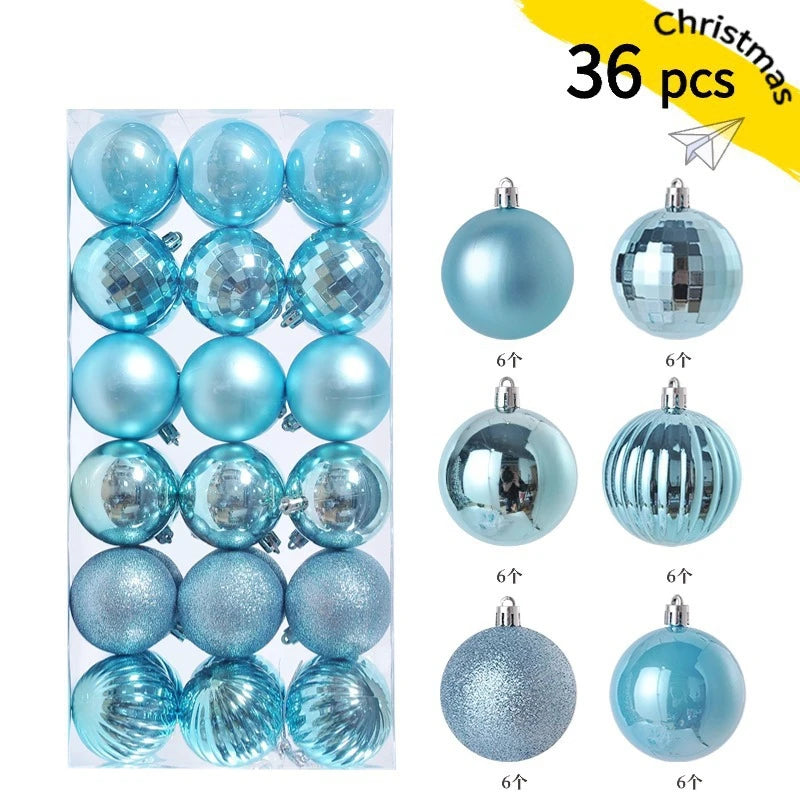 A set of 36 blue and silver festive Christmas baubles for holiday tree and decor.