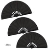 Three black folding hand fans shown spread open against a white background.