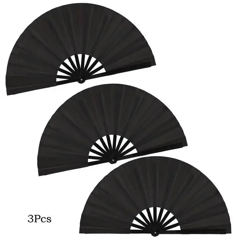 Three black folding hand fans shown spread open against a white background.
