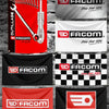 A collection of various fabric flags featuring the Facom brand logo and tools designs in red, white, and black.
