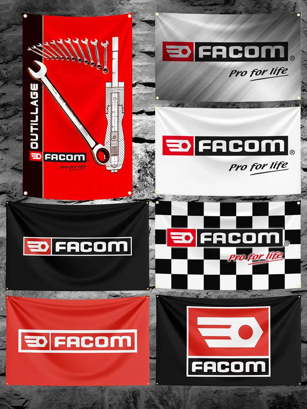 A collection of various fabric flags featuring the Facom brand logo and tools designs in red, white, and black.