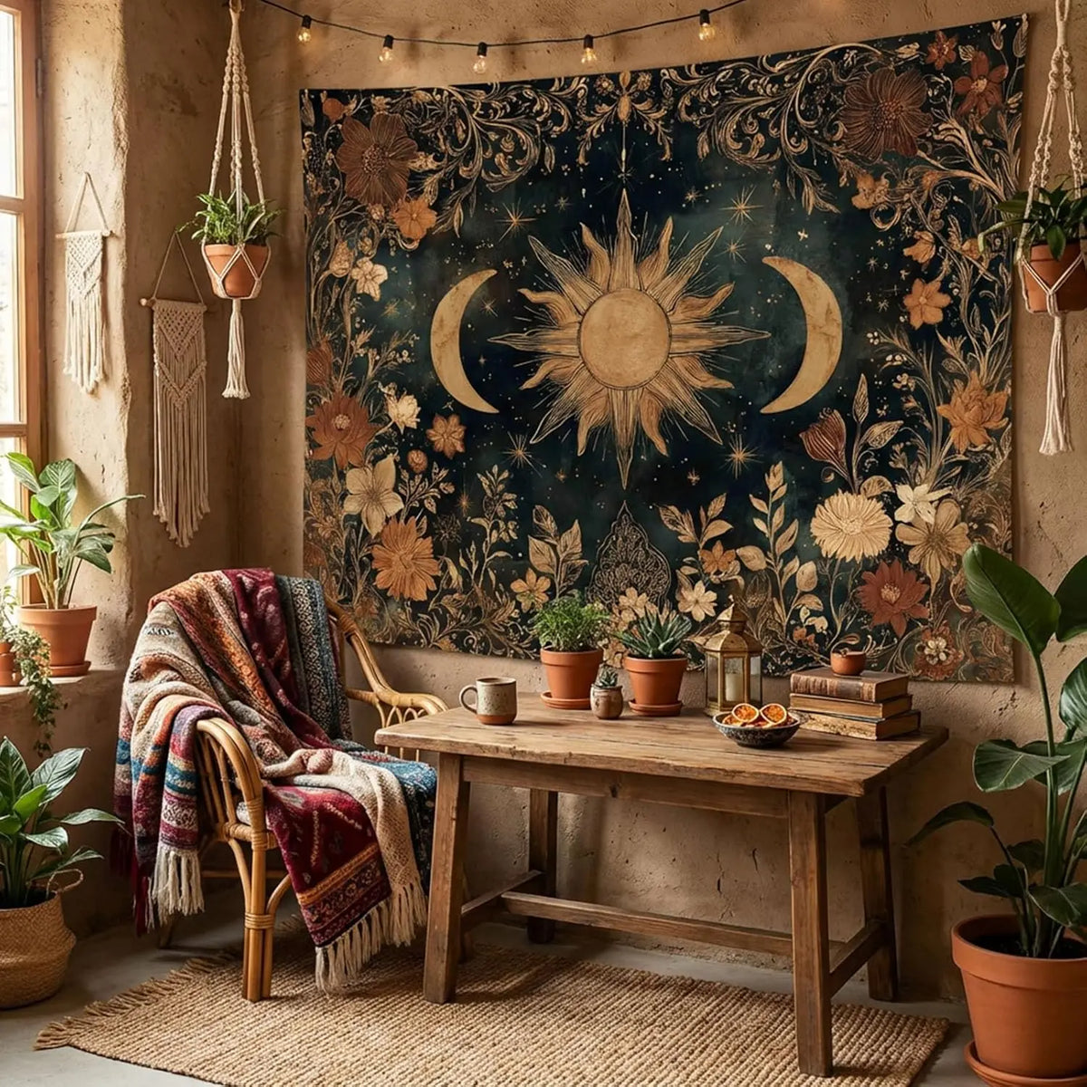 A rustic wooden table holds a vintage celestial sun and moon tapestry as a bohemian wall hanging in an earthy interior.